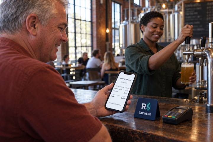 A punter views his ReceiptWave receipt at a brewery taproom bar