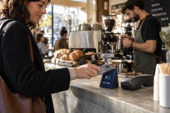 A customer taps her phone on the ReceiptWave stand at a café counter