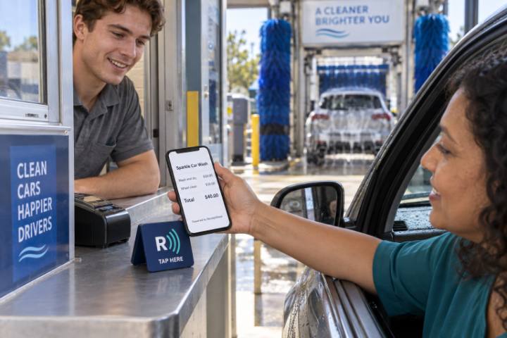 A driver views her ReceiptWave receipt from her car window at a car wash pay booth