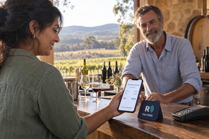 A visitor views her ReceiptWave tax invoice at a cellar door tasting bench