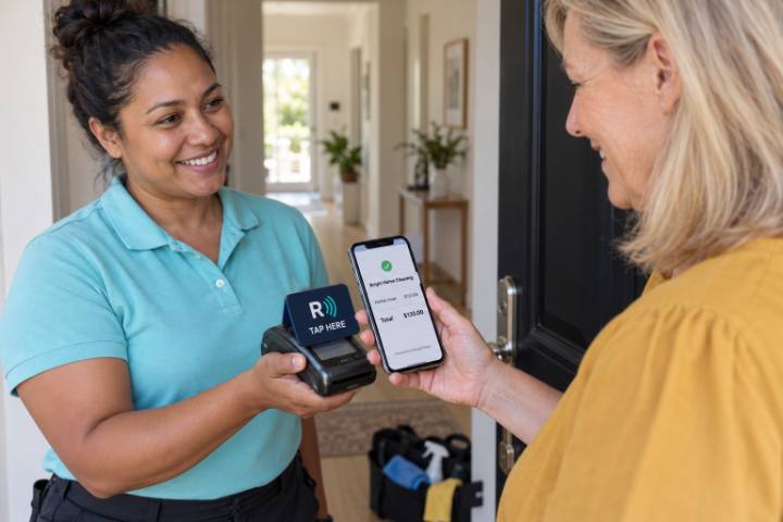 A client views her ReceiptWave receipt at the front door as the cleaner holds the tap terminal