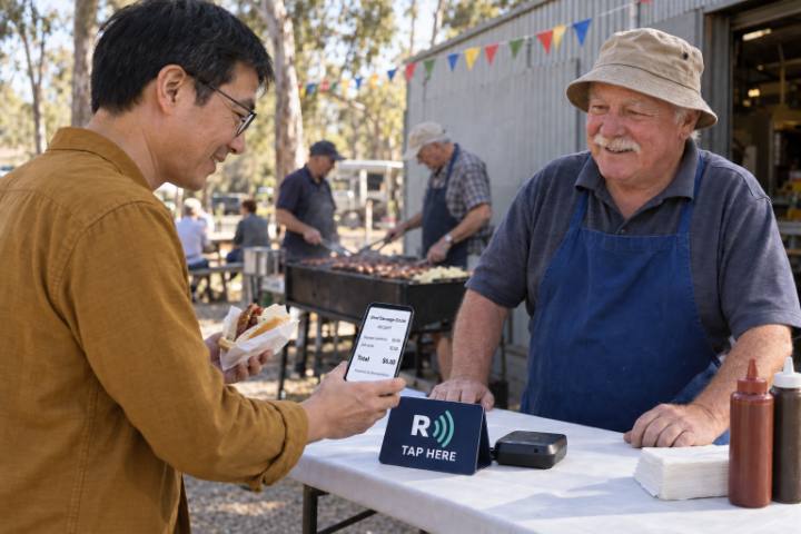 A supporter taps his phone on the ReceiptWave stand at a Men’s Shed sausage sizzle
