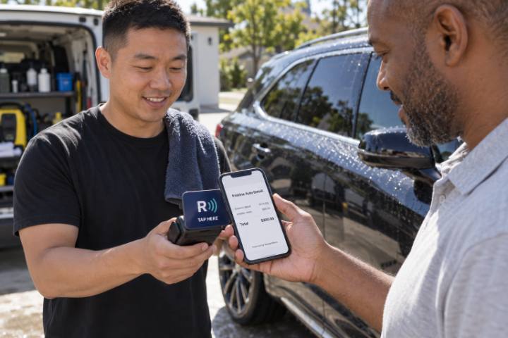 A car owner views his ReceiptWave receipt beside a freshly detailed SUV