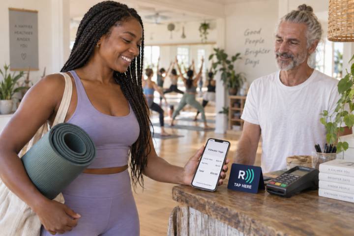 A yoga member with her mat views her ReceiptWave receipt at the studio front desk