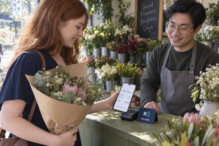 A customer holding a bouquet views her ReceiptWave receipt at a florist counter