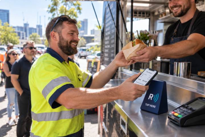 A tradesman taps his phone on the ReceiptWave stand at a food van while receiving his order