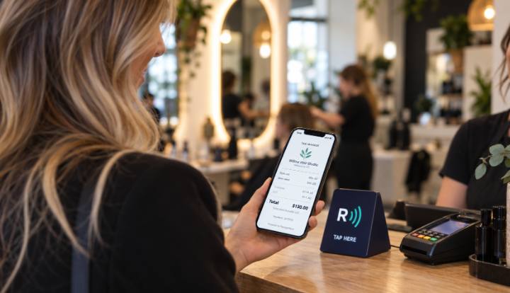 A salon client looks at her digital tax invoice after tapping the ReceiptWave stand