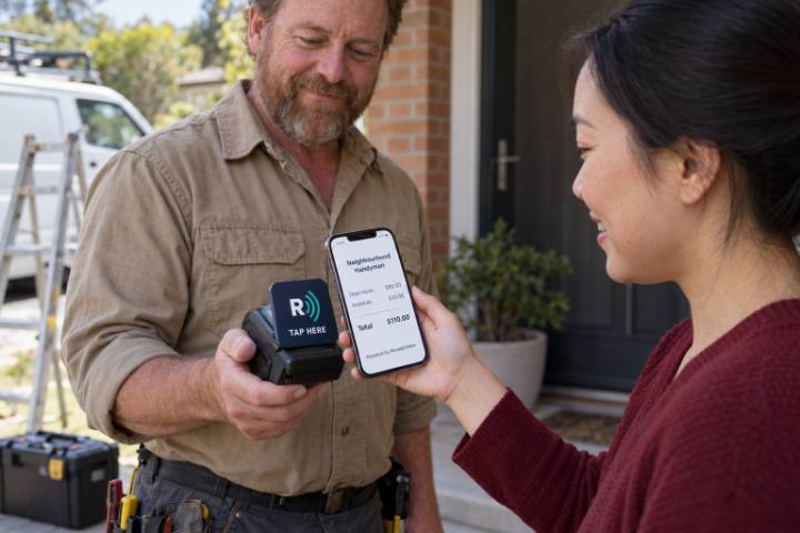 A homeowner views her ReceiptWave receipt as the handyman holds out the tap terminal