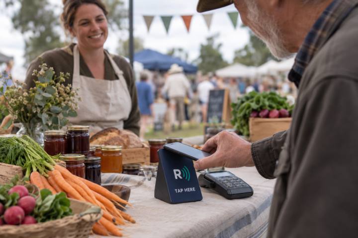 A customer taps his phone on the ReceiptWave stand at a farmers market stall