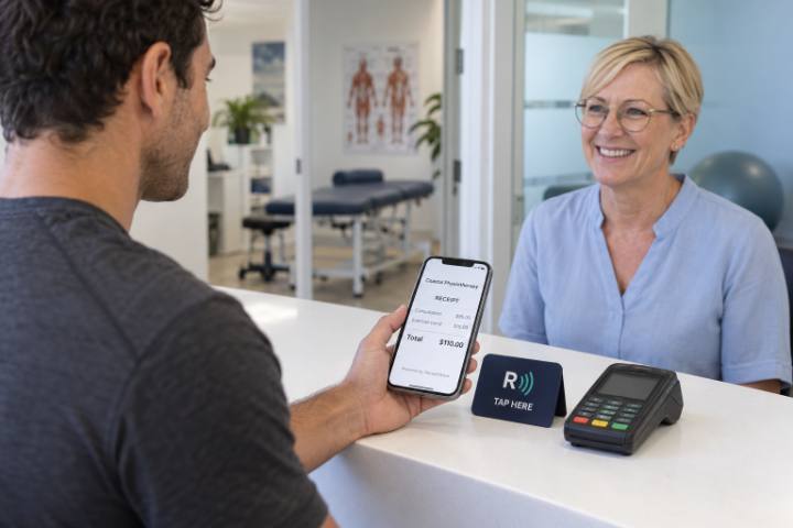 A patient views his ReceiptWave receipt at a physiotherapy clinic reception