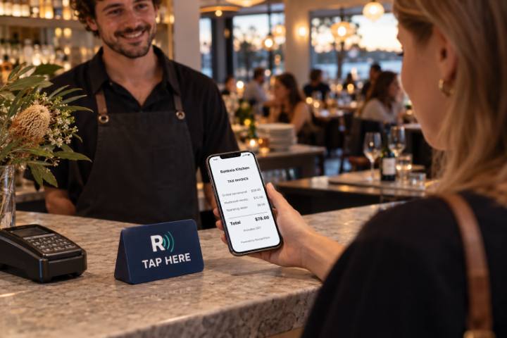 A diner views her ReceiptWave tax invoice at a restaurant counter