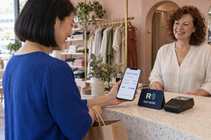 A customer views her ReceiptWave tax invoice at a boutique register
