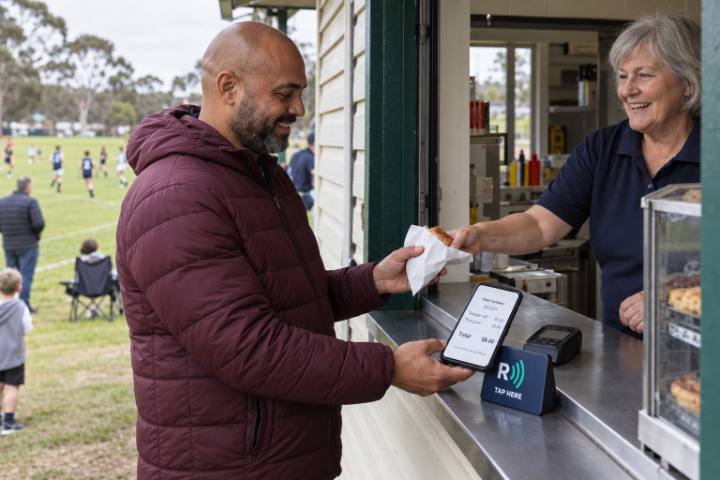 A parent taps his phone on the ReceiptWave stand at a sports club canteen window
