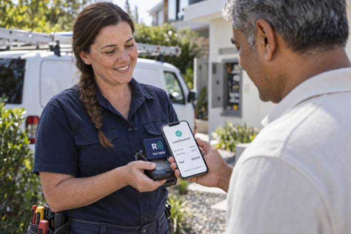 A client views his ReceiptWave tax invoice as the electrician holds out the tap terminal